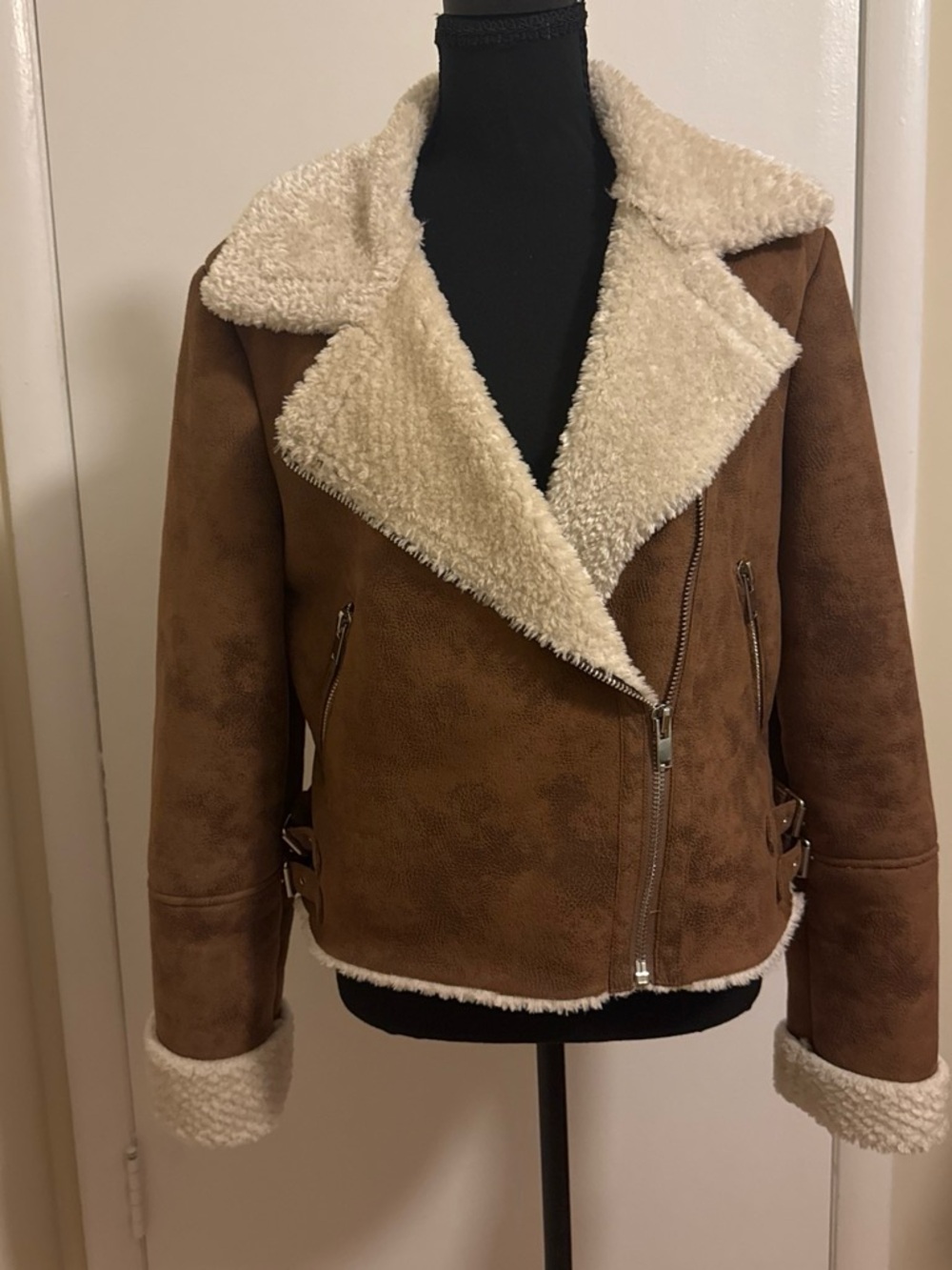 Forever 21 Brown Faux Suede Teddy Jacket with Cream Sherpa Trim